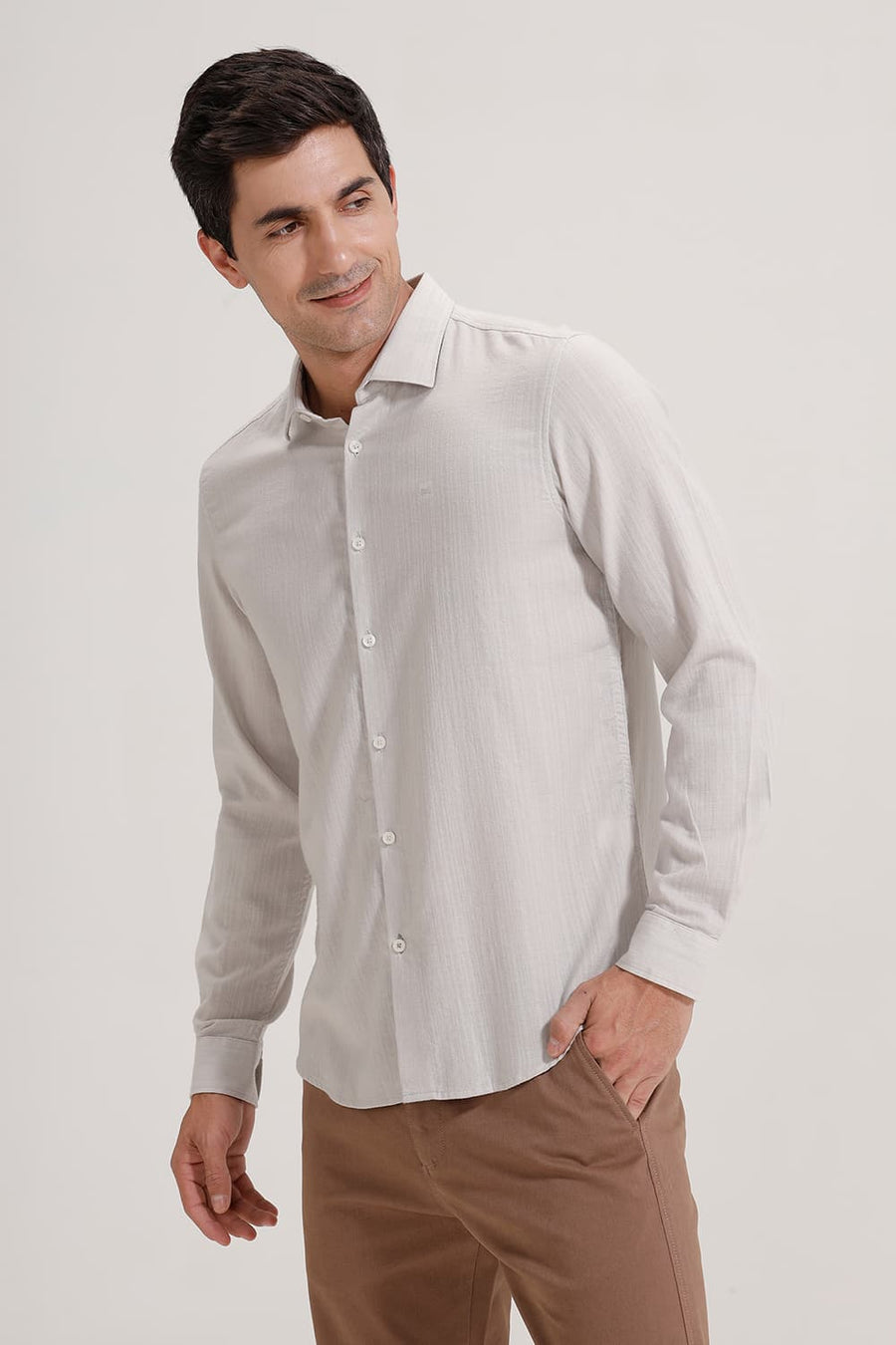 BASICS SLIM FIT MOON GREY COTTON DOBBY STRIPE SHIRT