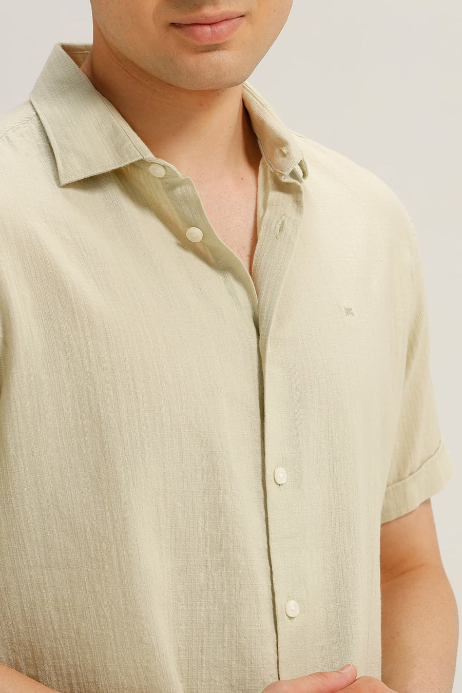 BASICS SLIM FIT ASPARAGUS GREEN COTTON DOBBY STRIPE HALFSLEEVES SHIRT