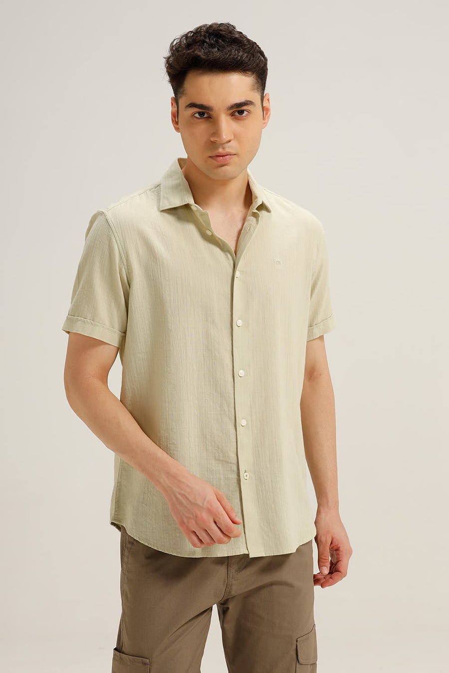 BASICS SLIM FIT ASPARAGUS GREEN COTTON DOBBY STRIPE HALFSLEEVES SHIRT