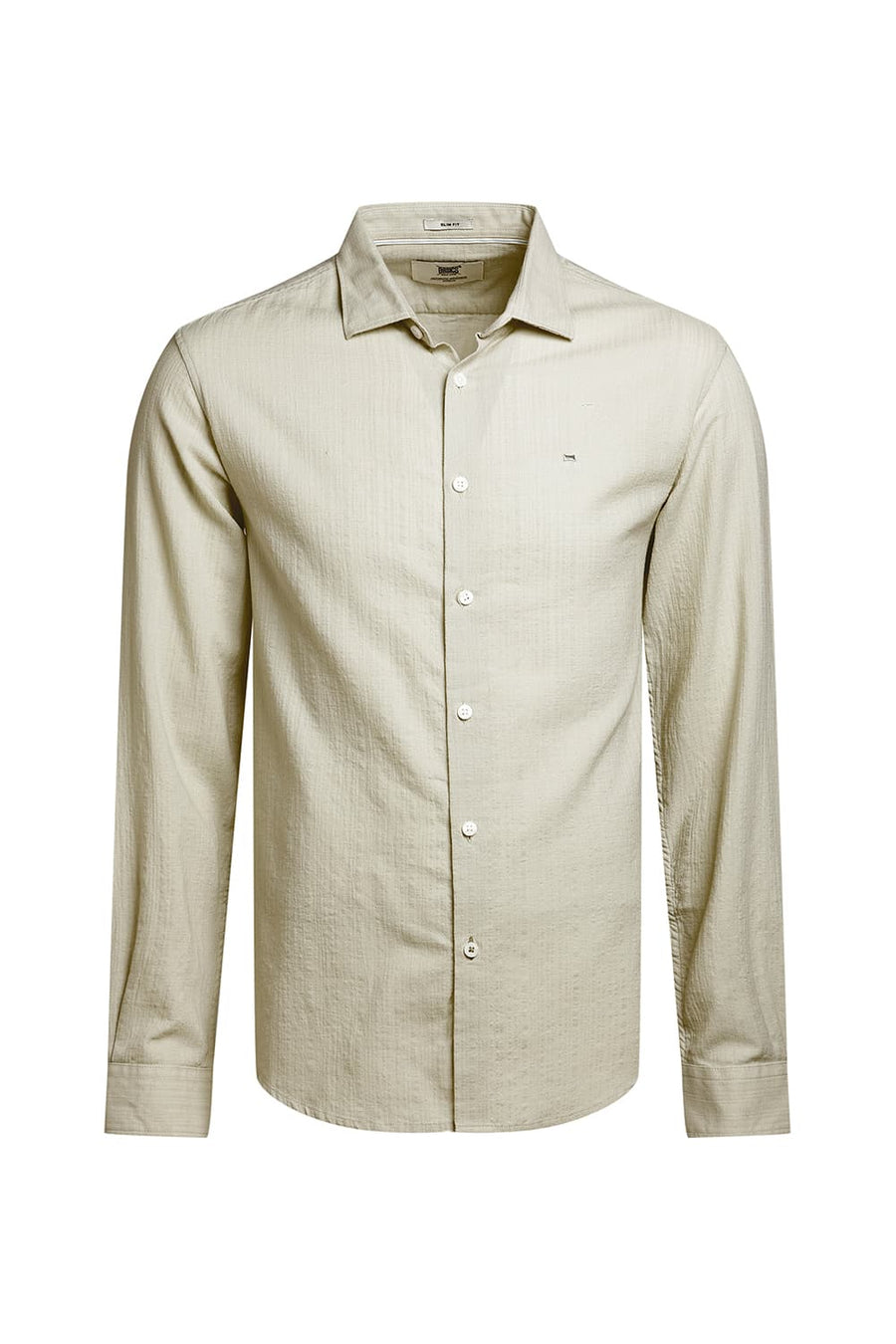 BASICS SLIM FIT ASPARAGUS GREEN COTTON DOBBY STRIPE SHIRT