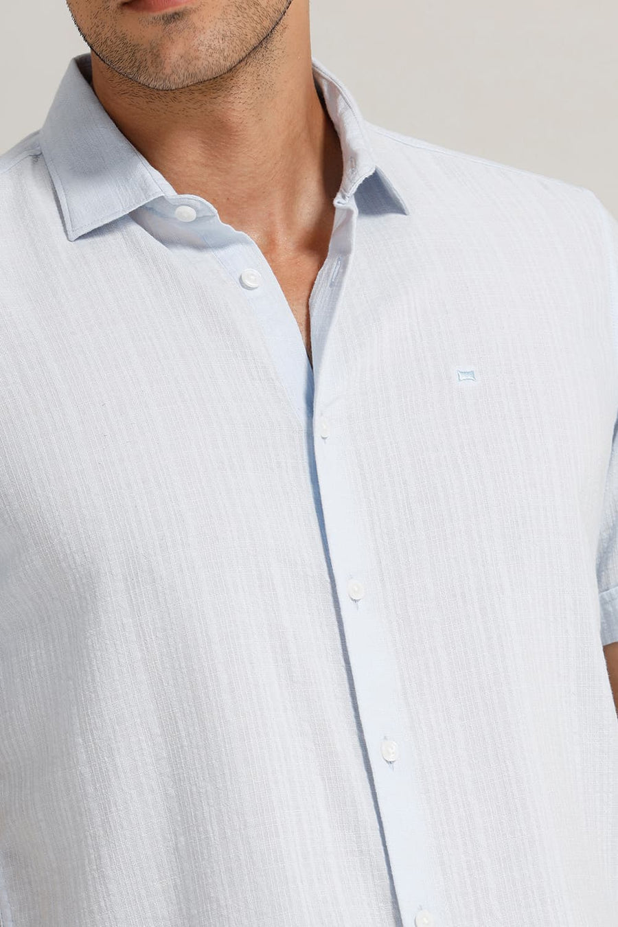 BASICS SLIM FIT BALLAD BLUE COTTON DOBBY STRIPE HALFSLEEVES SHIRT