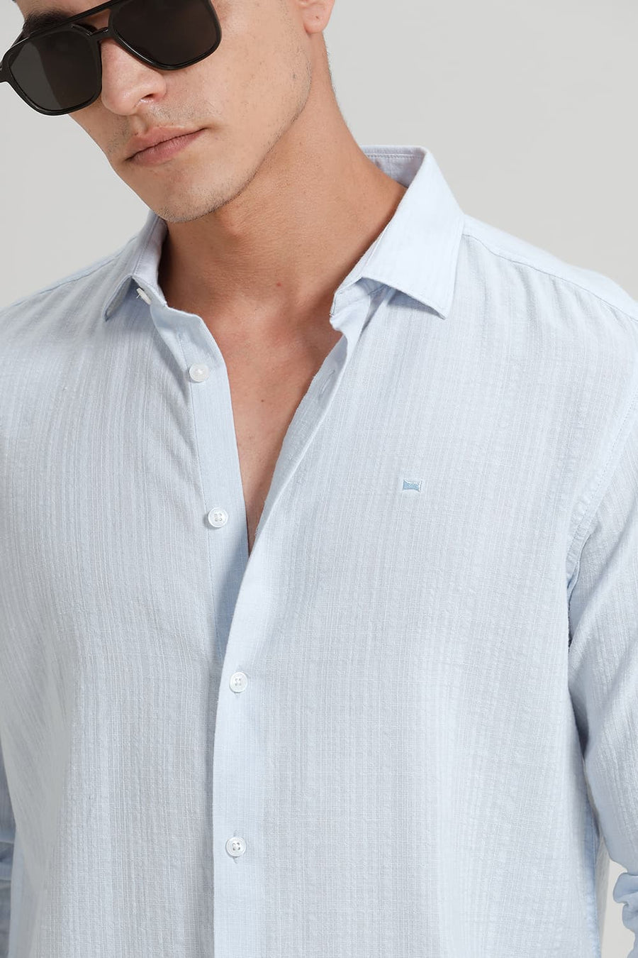 BASICS SLIM FIT BALLAD BLUE COTTON DOBBY STRIPE SHIRT