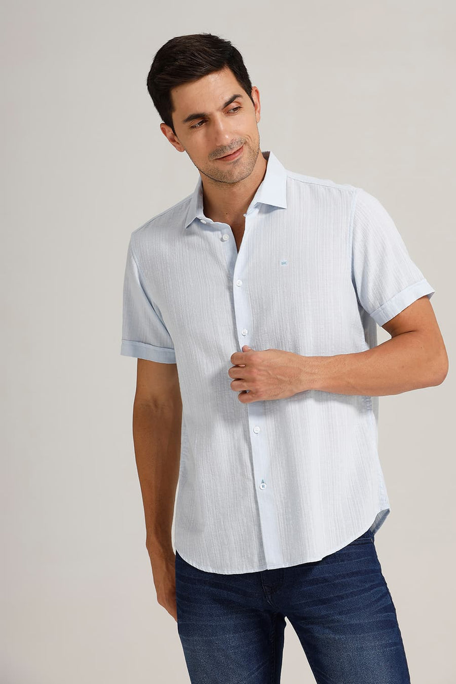 BASICS SLIM FIT BALLAD BLUE COTTON DOBBY STRIPE HALFSLEEVES SHIRT