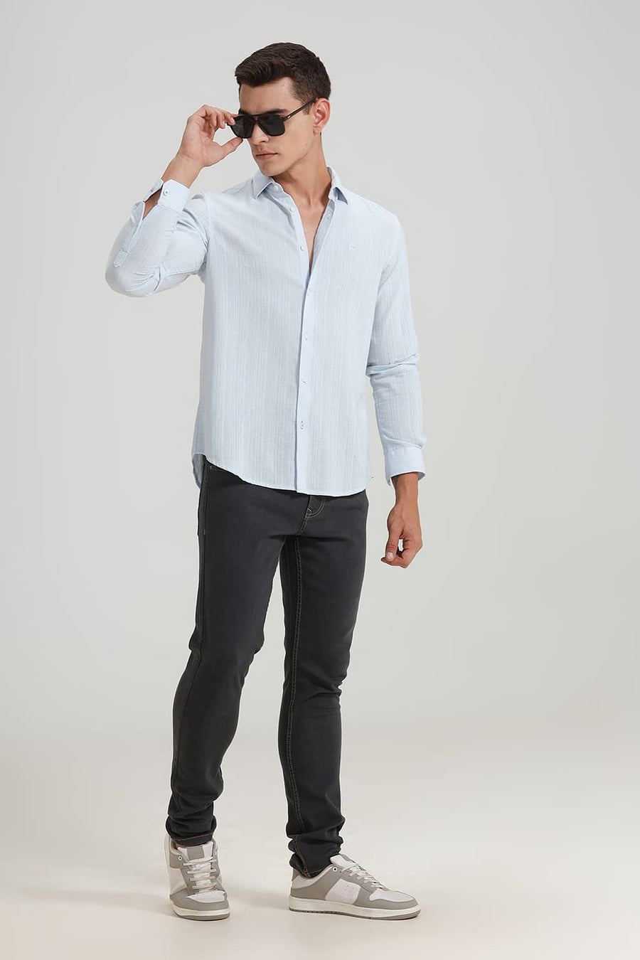 BASICS SLIM FIT BALLAD BLUE COTTON DOBBY STRIPE SHIRT