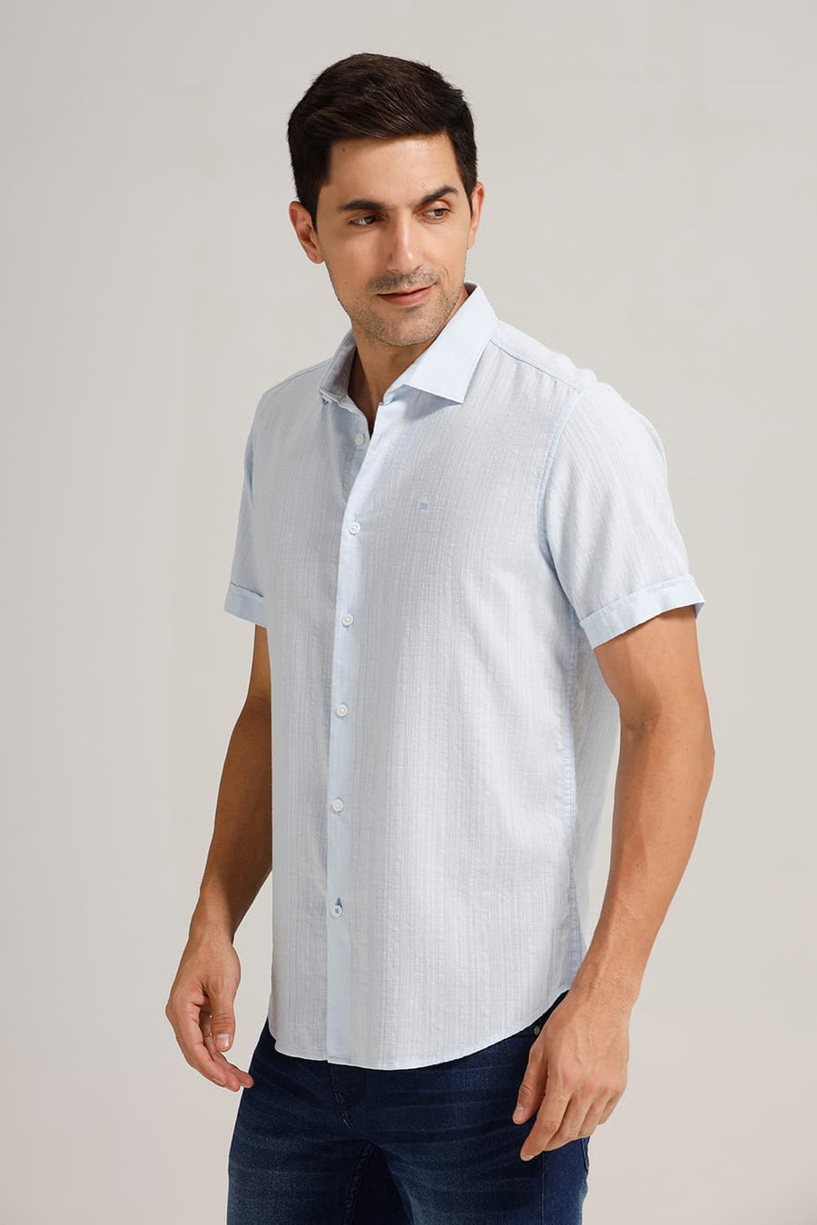 BASICS SLIM FIT BALLAD BLUE COTTON DOBBY STRIPE HALFSLEEVES SHIRT
