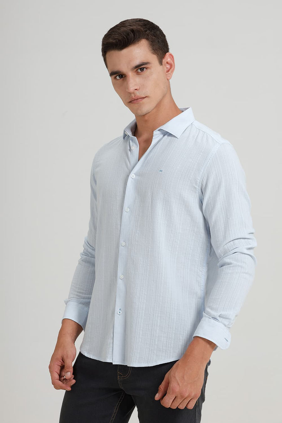 BASICS SLIM FIT BALLAD BLUE COTTON DOBBY STRIPE SHIRT