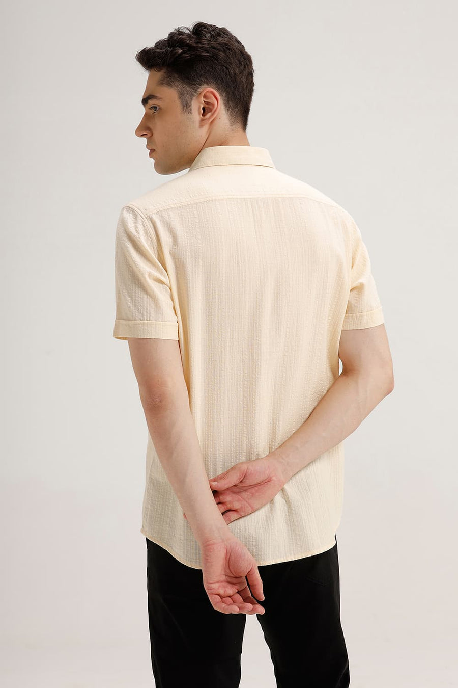 BASICS SLIM FIT CUSTARD BEIGE COTTON DOBBY STRIPE HALFSLEEVES SHIRT
