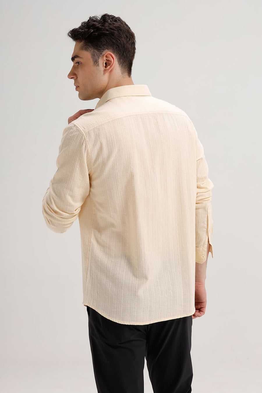 BASICS SLIM FIT CUSTARD BEIGE COTTON DOBBY STRIPE SHIRT