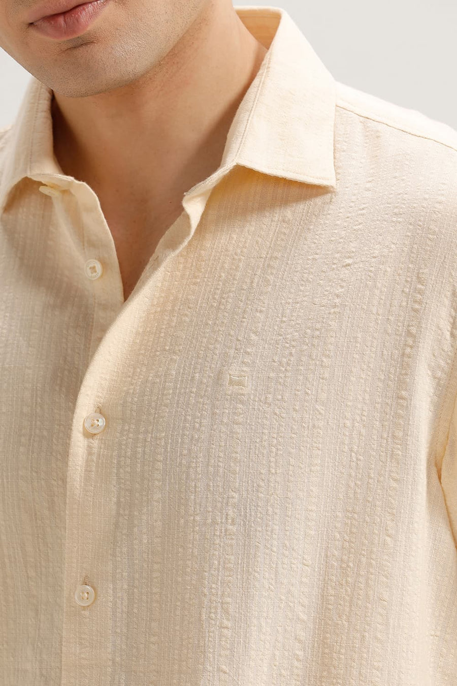 BASICS SLIM FIT CUSTARD BEIGE COTTON DOBBY STRIPE HALFSLEEVES SHIRT