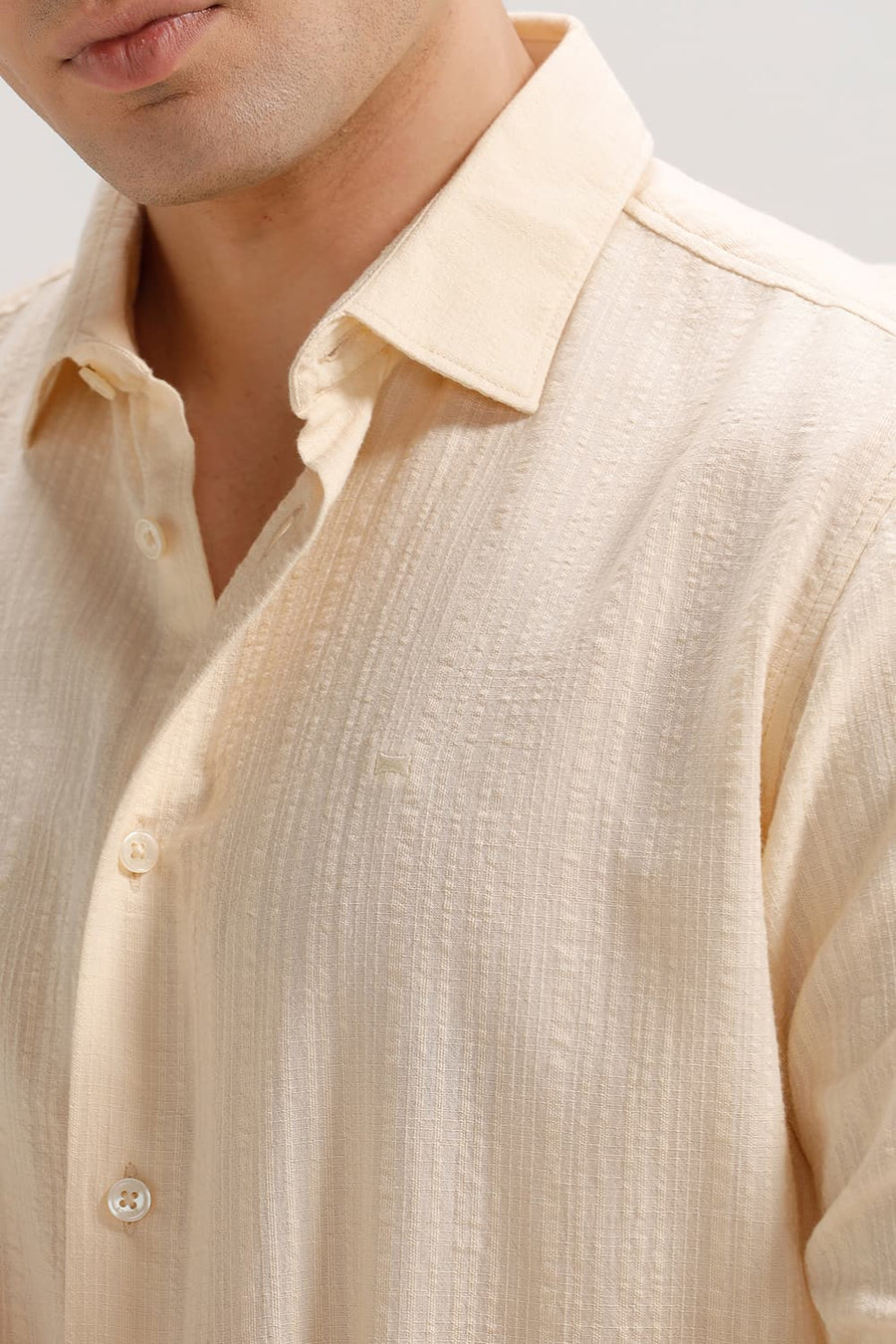 BASICS SLIM FIT CUSTARD BEIGE COTTON DOBBY STRIPE SHIRT