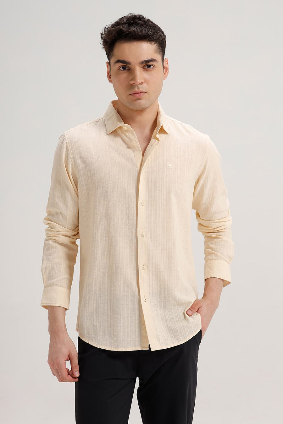 BASICS SLIM FIT CUSTARD BEIGE COTTON DOBBY STRIPE SHIRT