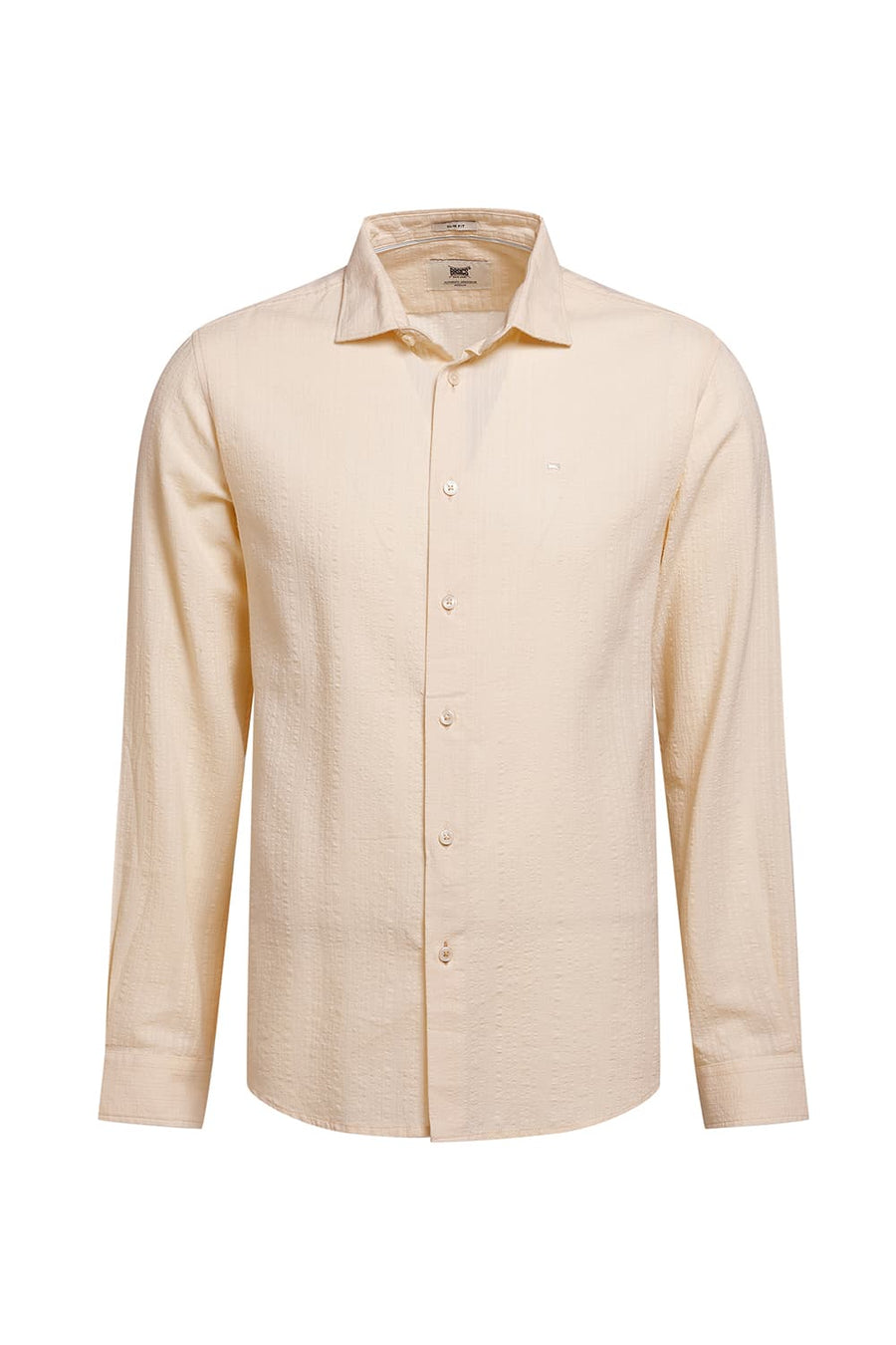 BASICS SLIM FIT CUSTARD BEIGE COTTON DOBBY STRIPE SHIRT
