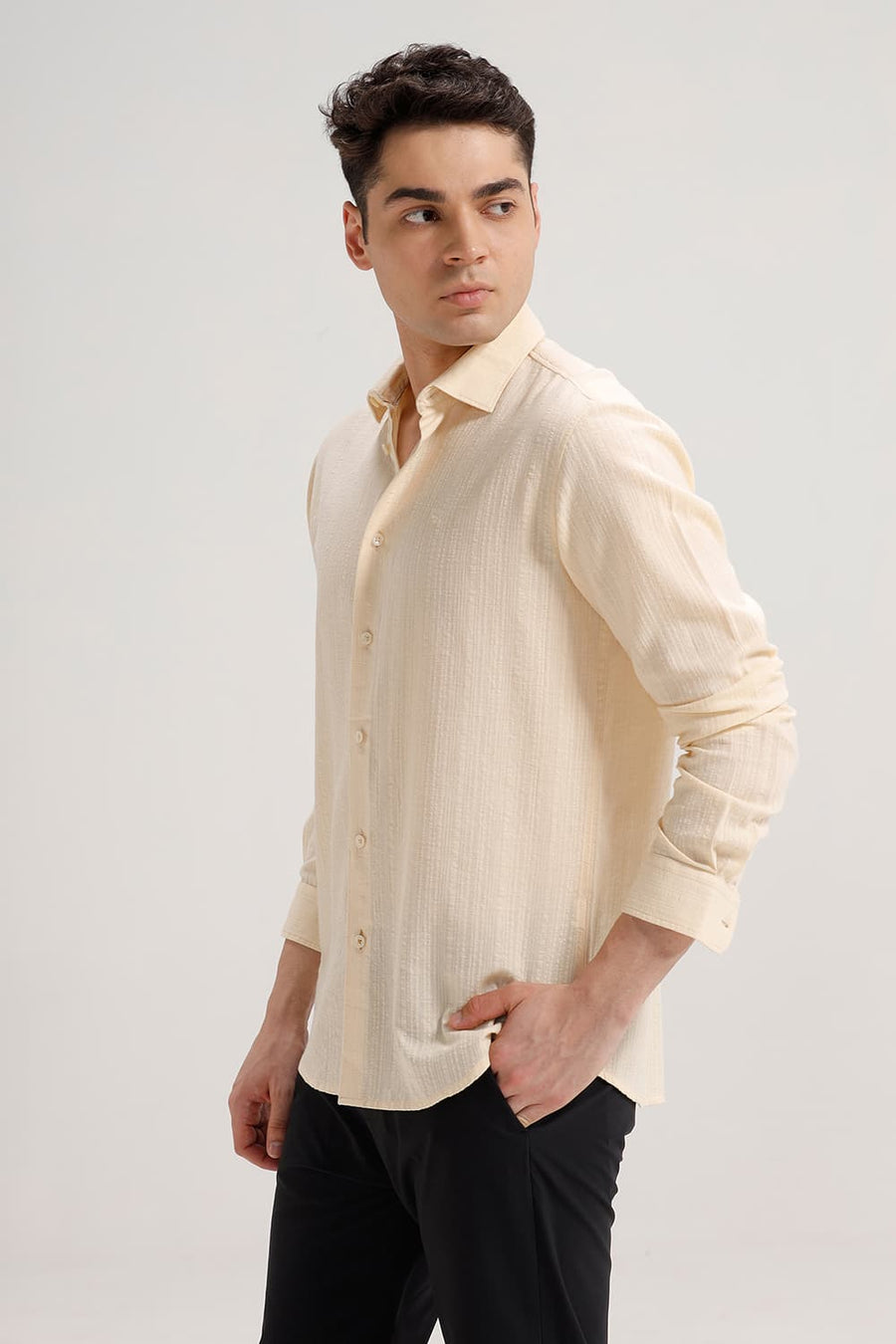 BASICS SLIM FIT CUSTARD BEIGE COTTON DOBBY STRIPE SHIRT