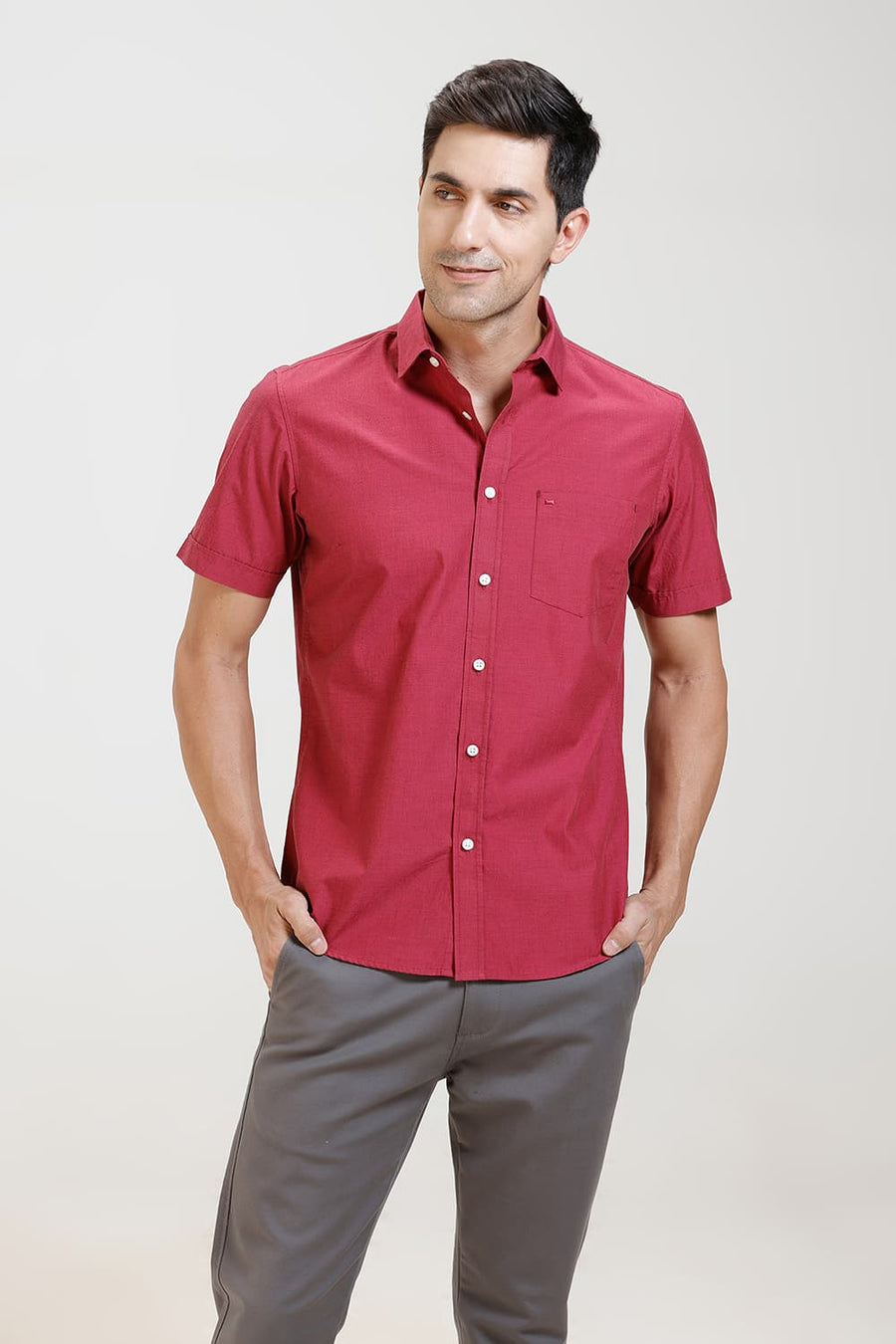 BASICS SLIM FIT RED BUD COTTON FIL-A-FIL HALFSLEEVES SHIRT