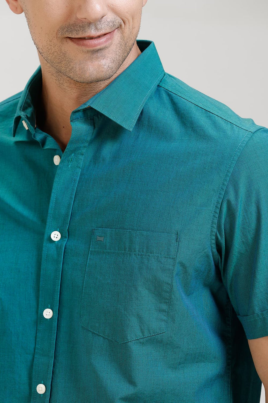 BASICS SLIM FIT TEAL GREEN COTTON FIL-A-FIL HALFSLEEVES SHIRT