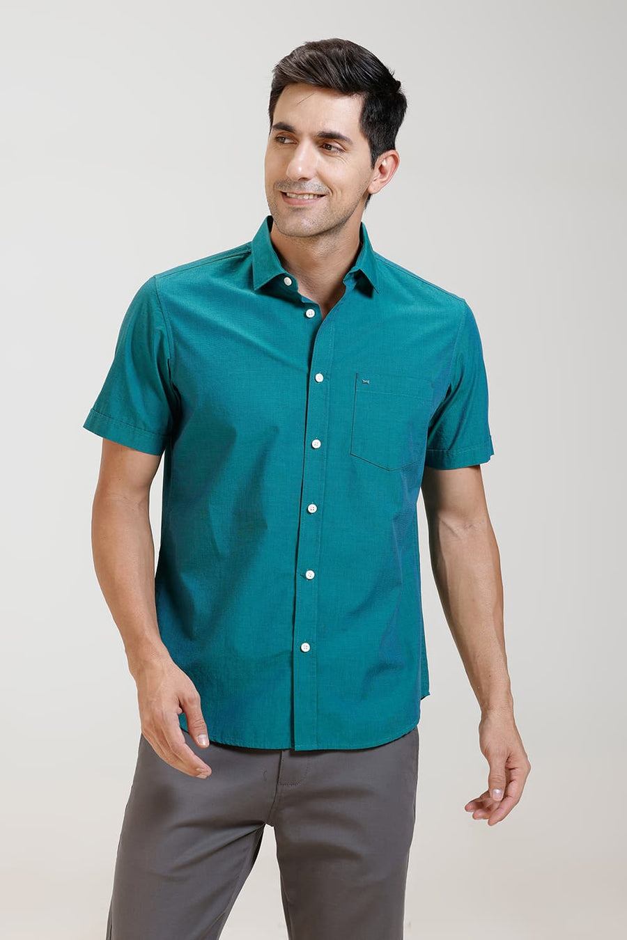 BASICS SLIM FIT TEAL GREEN COTTON FIL-A-FIL HALFSLEEVES SHIRT
