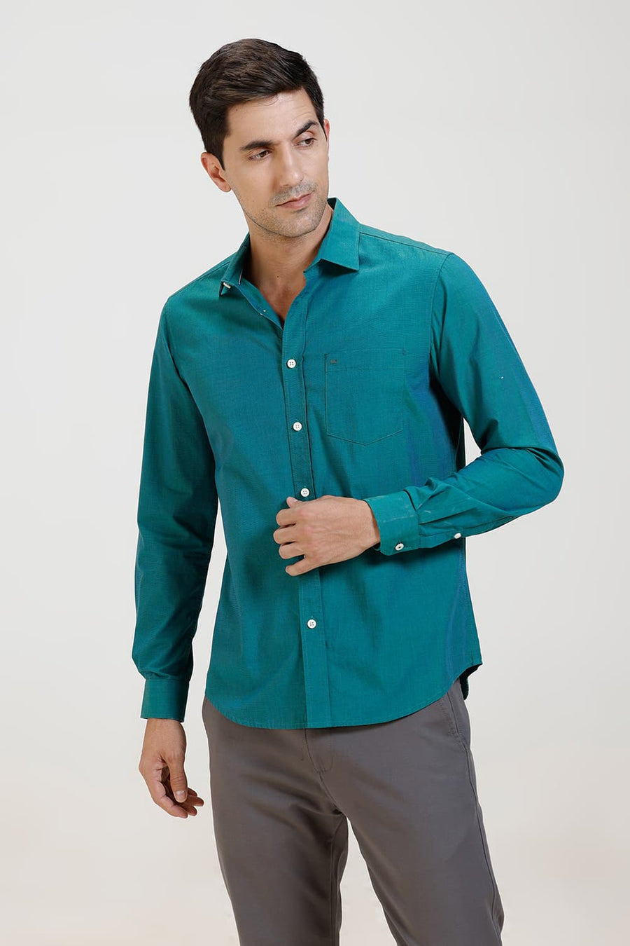 BASICS SLIM FIT TEAL GREEN COTTON FIL-A-FIL SHIRT