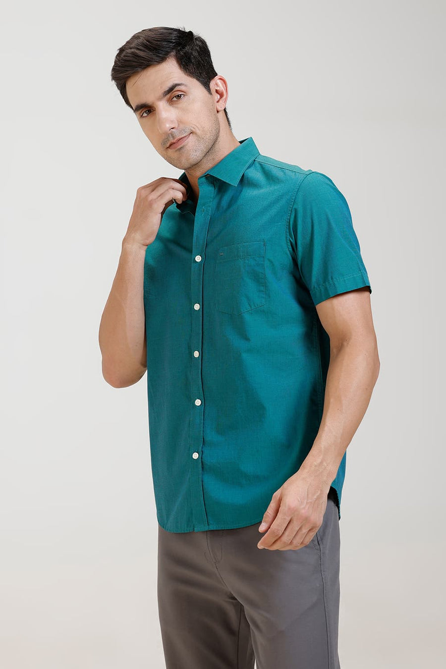 BASICS SLIM FIT TEAL GREEN COTTON FIL-A-FIL HALFSLEEVES SHIRT