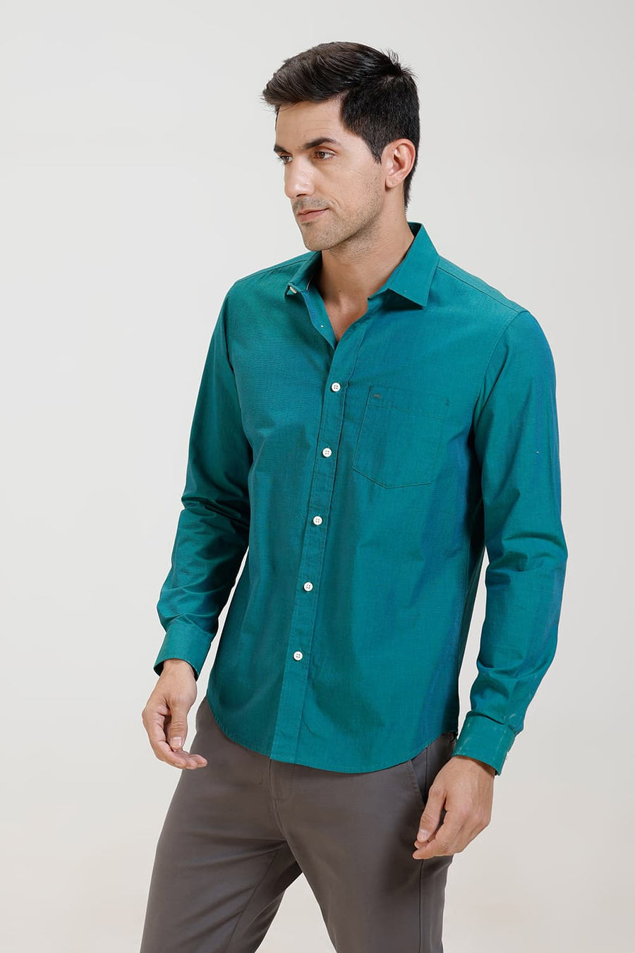 BASICS SLIM FIT TEAL GREEN COTTON FIL-A-FIL SHIRT