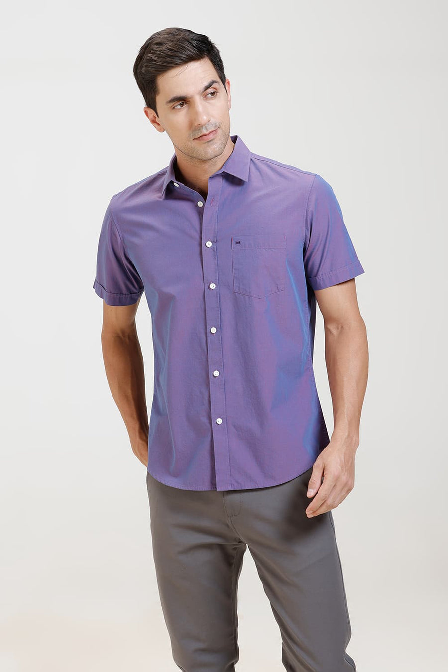 BASICS SLIM FIT VIOLET BLUE COTTON FIL-A-FIL HALFSLEEVES SHIRT