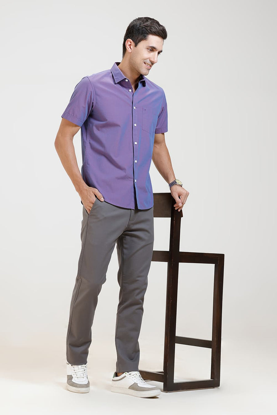 BASICS SLIM FIT VIOLET BLUE COTTON FIL-A-FIL HALFSLEEVES SHIRT