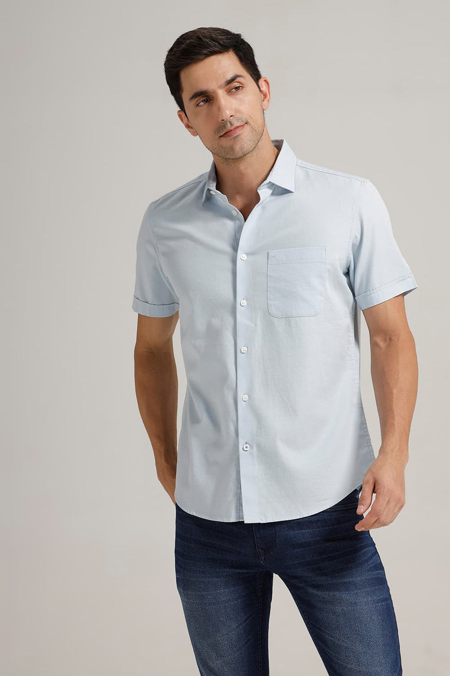 BASICS SLIM FIT BLUE FOG BROKEN TWILL HALFSLEEVES SHIRT