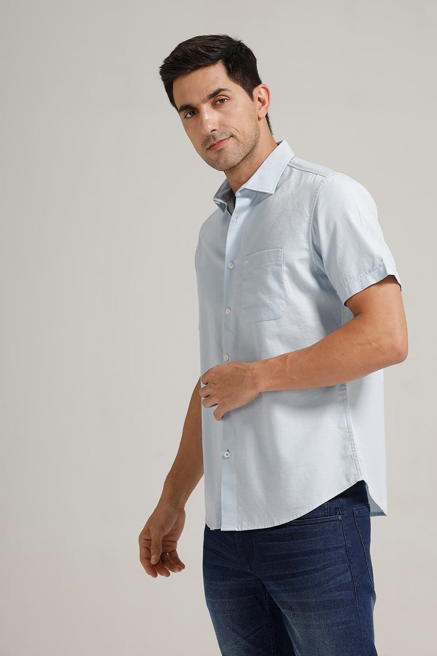 BASICS SLIM FIT BLUE FOG BROKEN TWILL HALFSLEEVES SHIRT