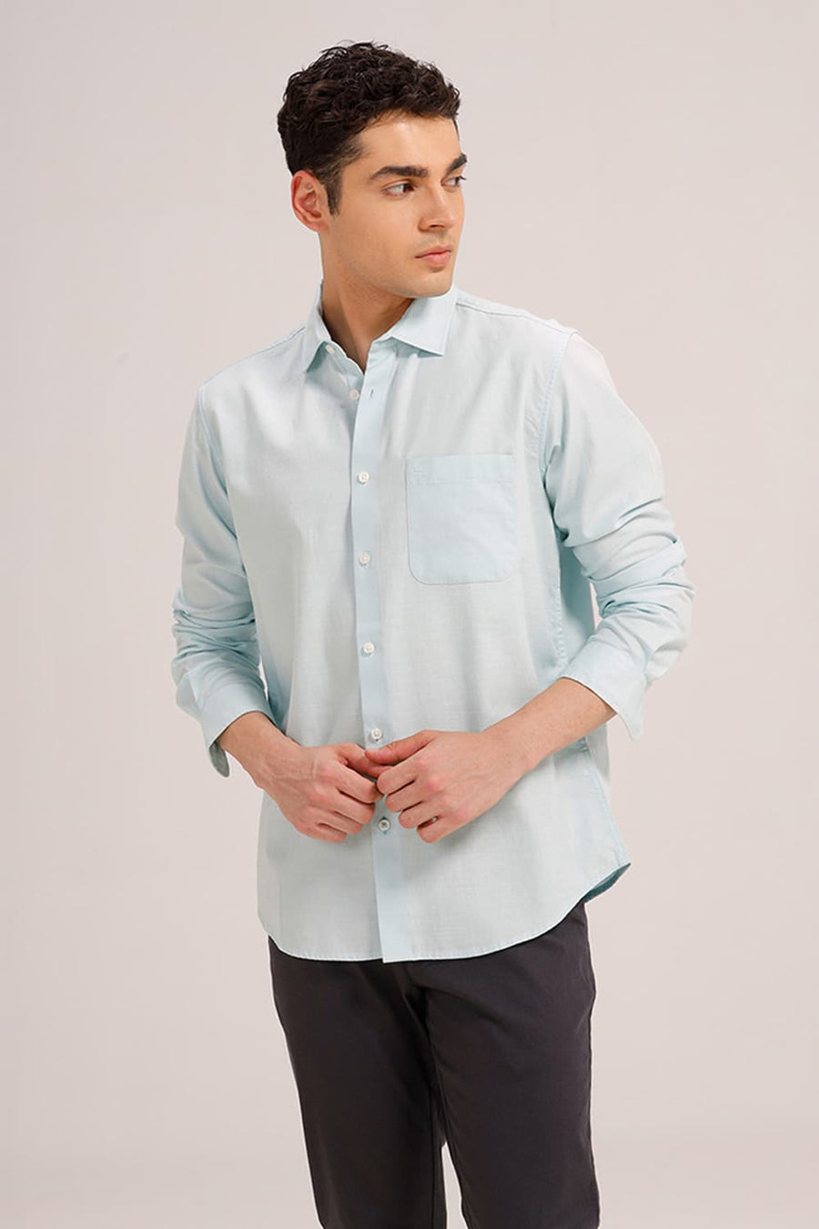 BASICS SLIM FIT TINTED AQUA BROKEN TWILL SHIRT