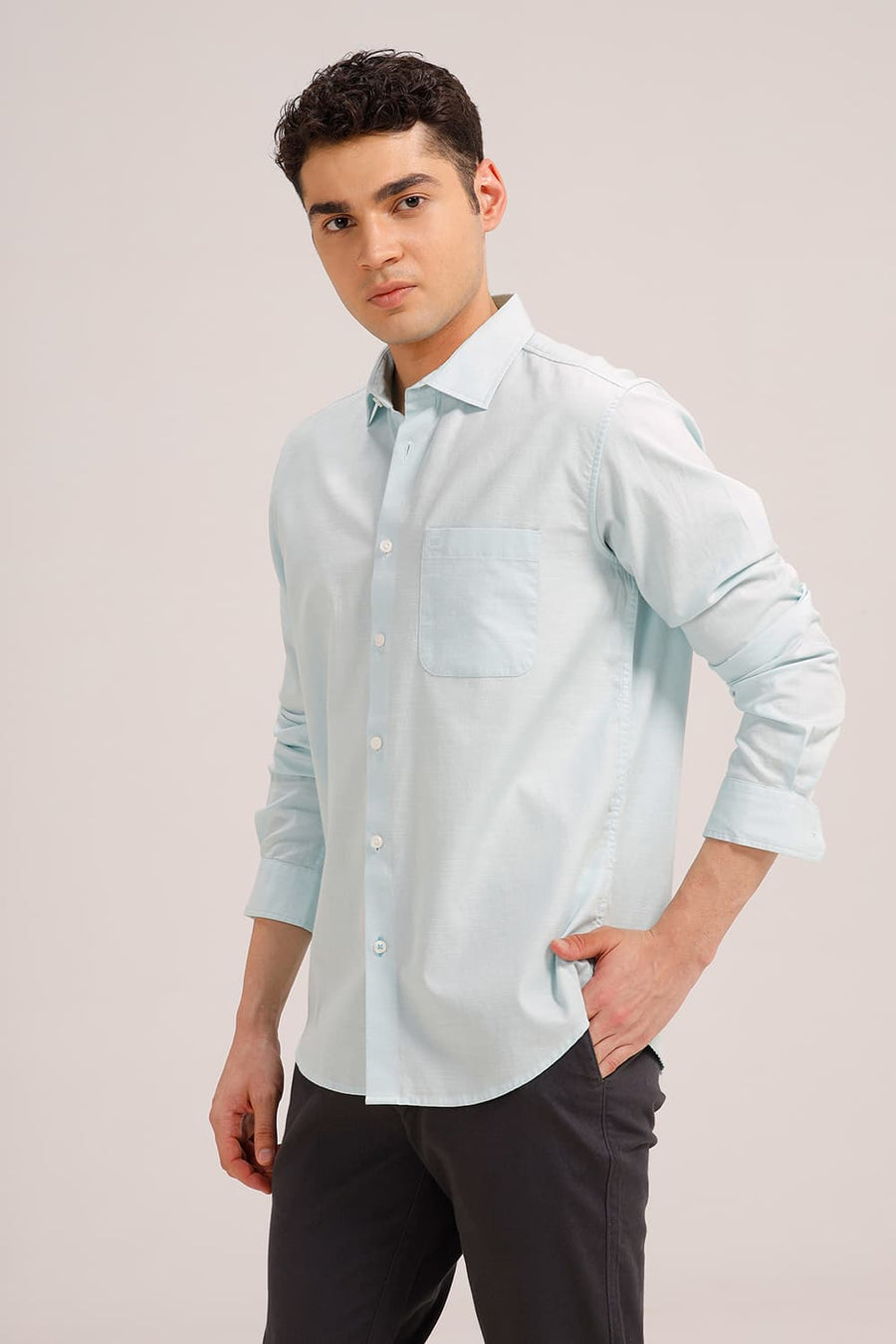 BASICS SLIM FIT TINTED AQUA BROKEN TWILL SHIRT
