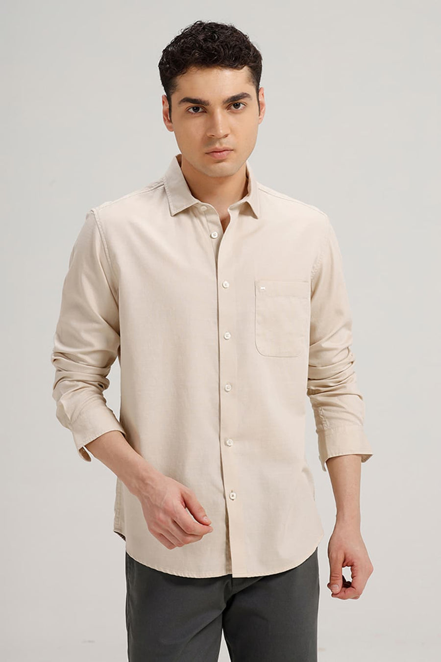BASICS SLIM FIT BEIGE SAND BROKEN TWILL SHIRT