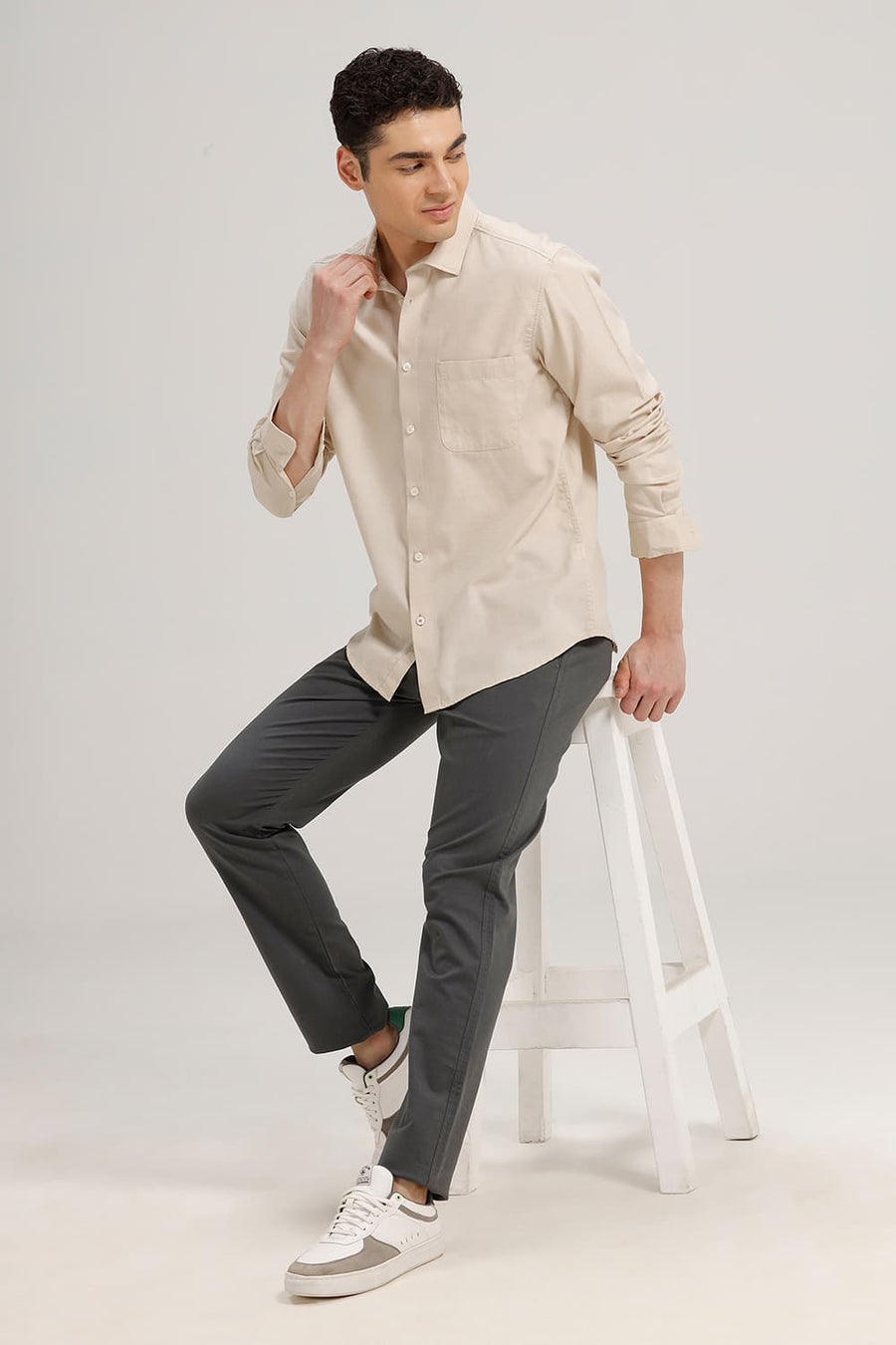 BASICS SLIM FIT BEIGE SAND BROKEN TWILL SHIRT