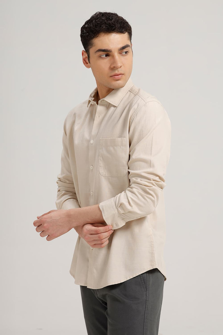 BASICS SLIM FIT BEIGE SAND BROKEN TWILL SHIRT