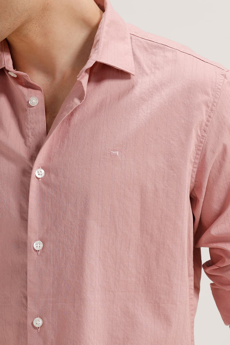 BASICS SLIM FIT DUSTY PINK COTTON DOBBY STRIPE SHIRT