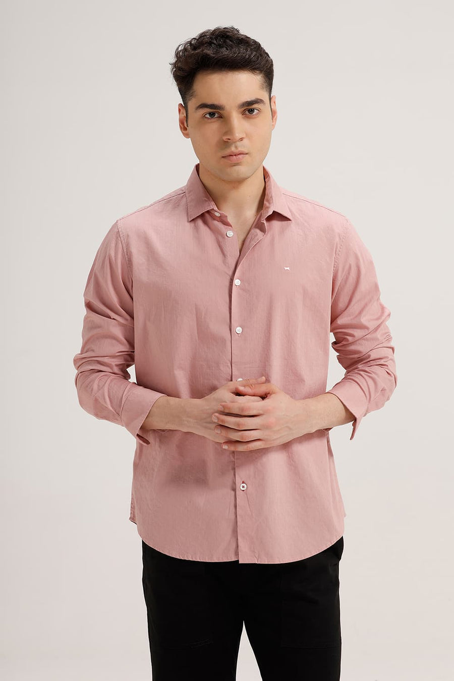 BASICS SLIM FIT DUSTY PINK COTTON DOBBY STRIPE SHIRT