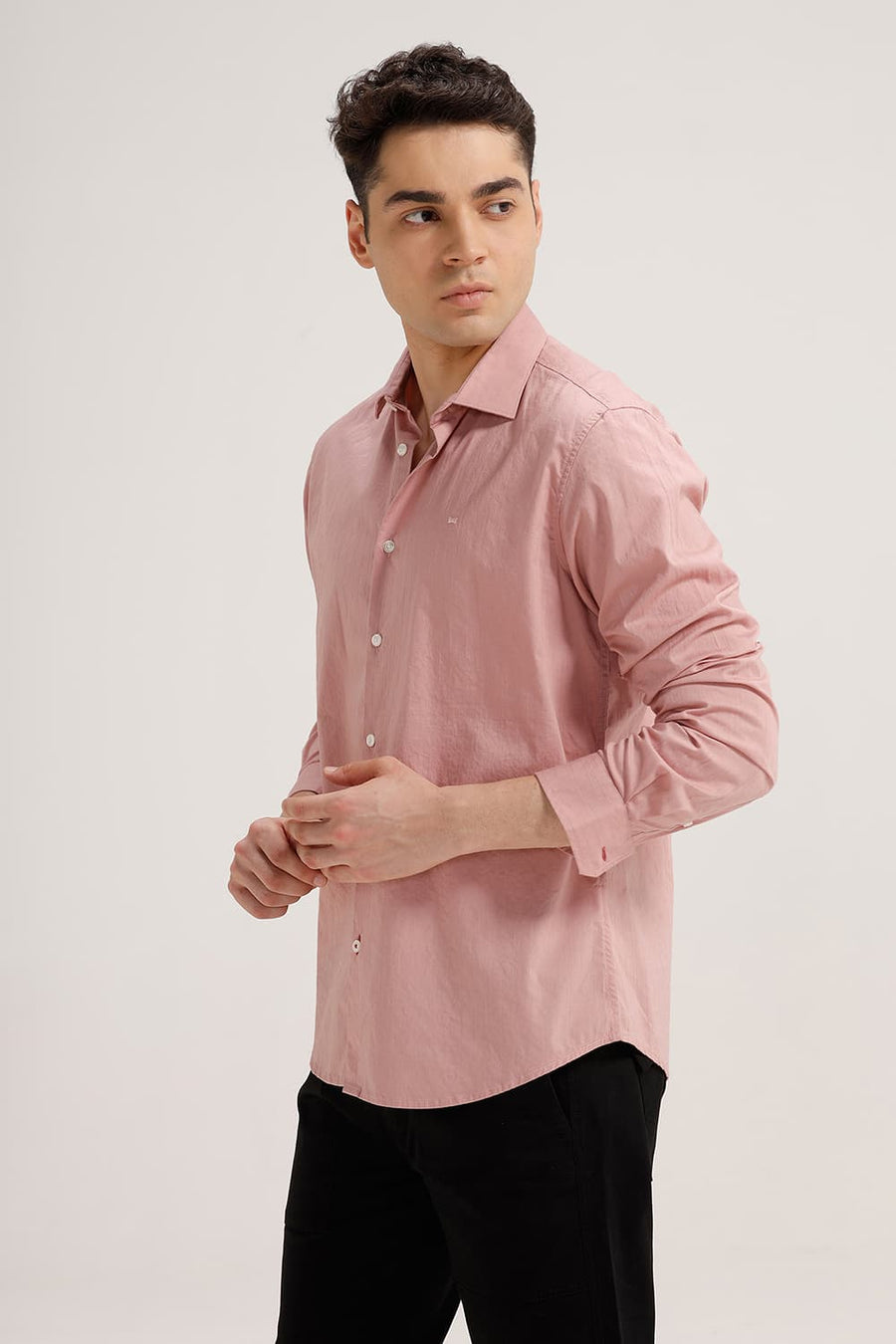 BASICS SLIM FIT DUSTY PINK COTTON DOBBY STRIPE SHIRT
