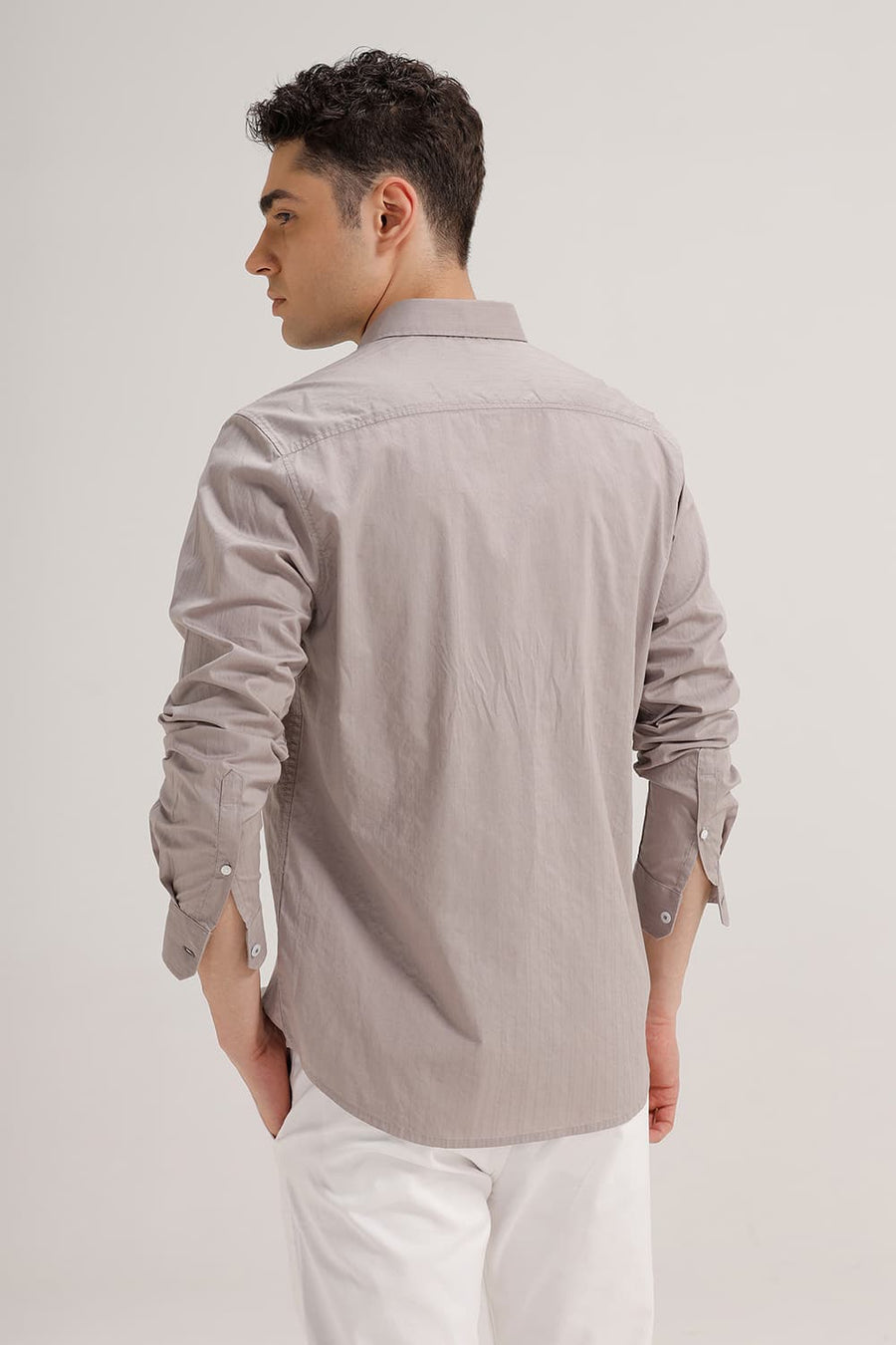 BASICS SLIM FIT CLOUD GREY COTTON DOBBY STRIPE SHIRT