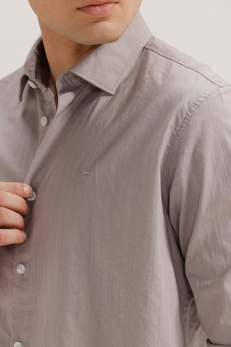 BASICS SLIM FIT CLOUD GREY COTTON DOBBY STRIPE SHIRT