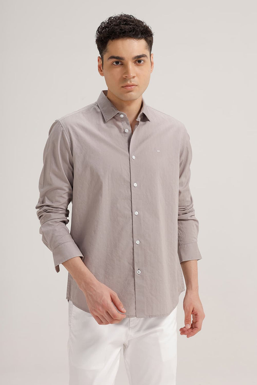 BASICS SLIM FIT CLOUD GREY COTTON DOBBY STRIPE SHIRT