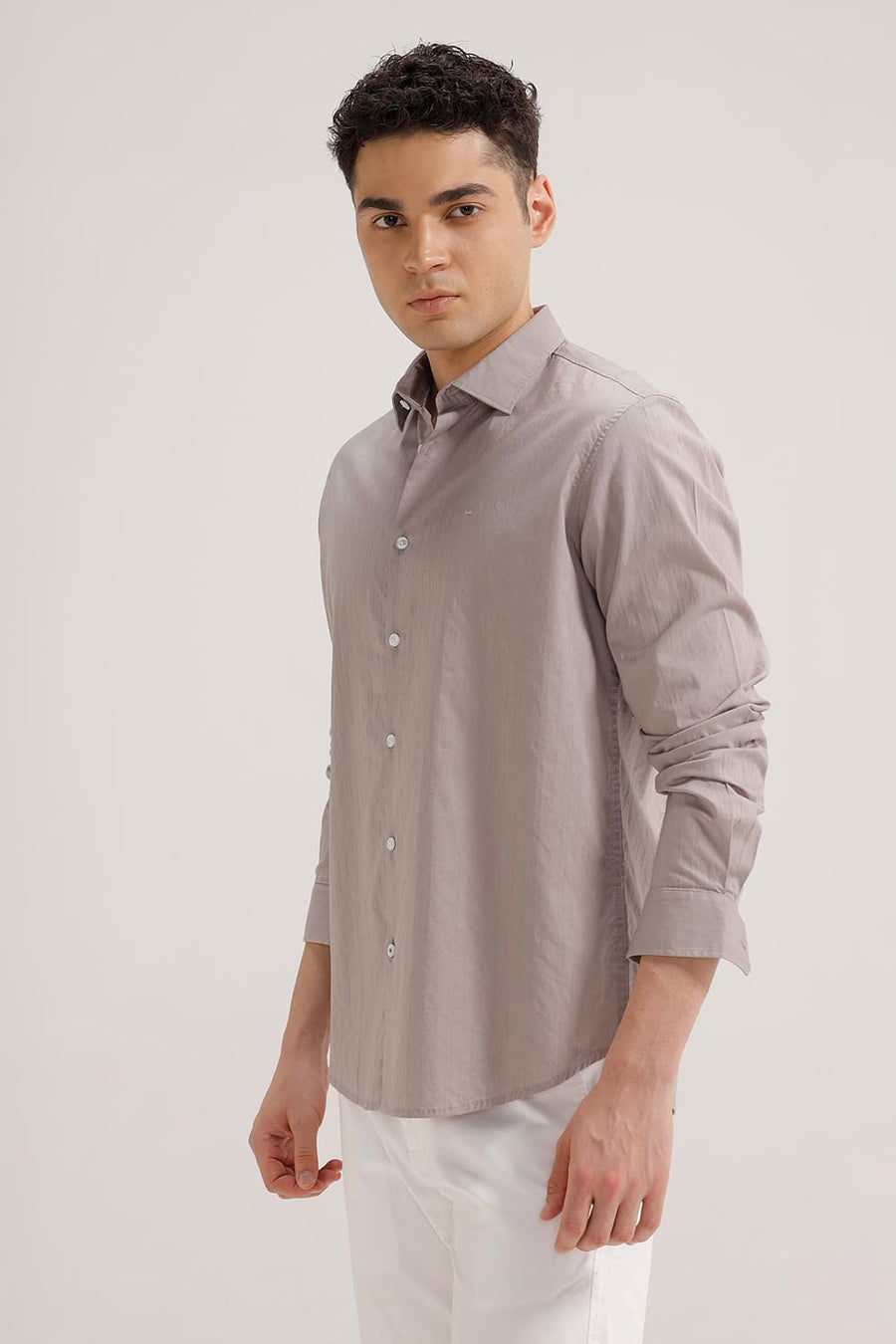 BASICS SLIM FIT CLOUD GREY COTTON DOBBY STRIPE SHIRT