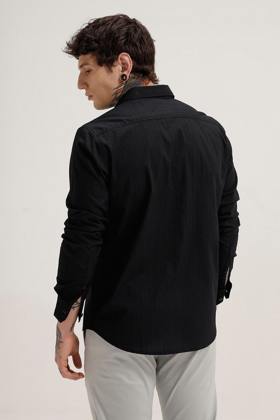 BASICS SLIM FIT BLACK NIGHT COTTON DOBBY STRIPE SHIRT