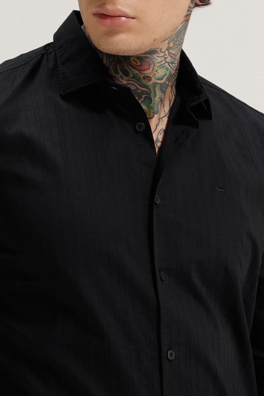 BASICS SLIM FIT BLACK NIGHT COTTON DOBBY STRIPE SHIRT