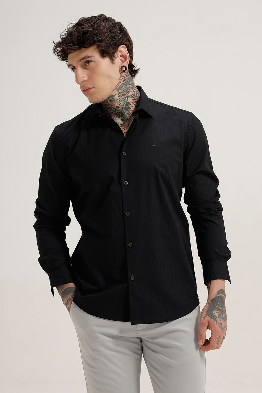 BASICS SLIM FIT BLACK NIGHT COTTON DOBBY STRIPE SHIRT