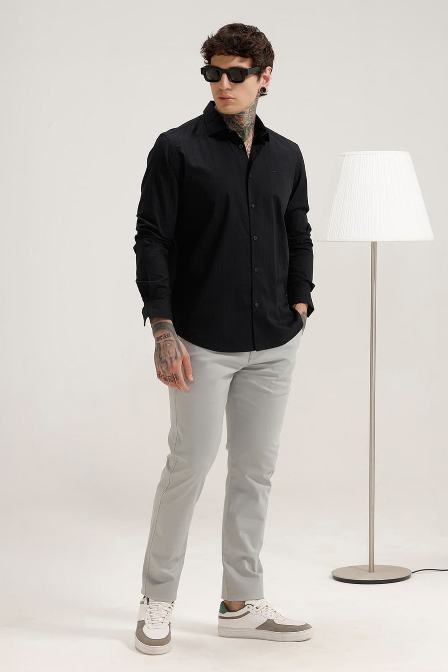 BASICS SLIM FIT BLACK NIGHT COTTON DOBBY STRIPE SHIRT
