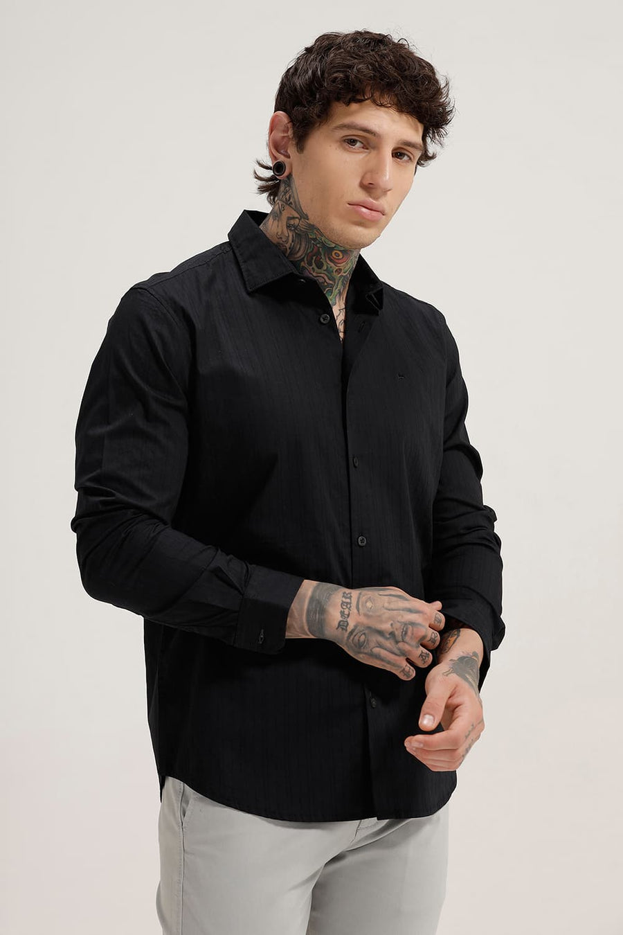 BASICS SLIM FIT BLACK NIGHT COTTON DOBBY STRIPE SHIRT
