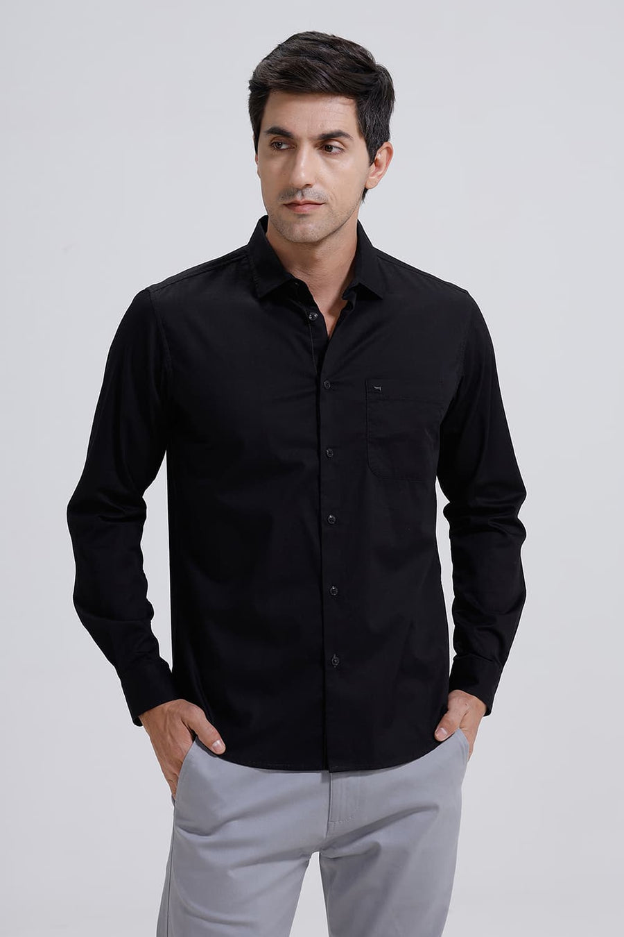 BASICS SLIM FIT BLACK RAVEN COTTON TWILL SHIRT