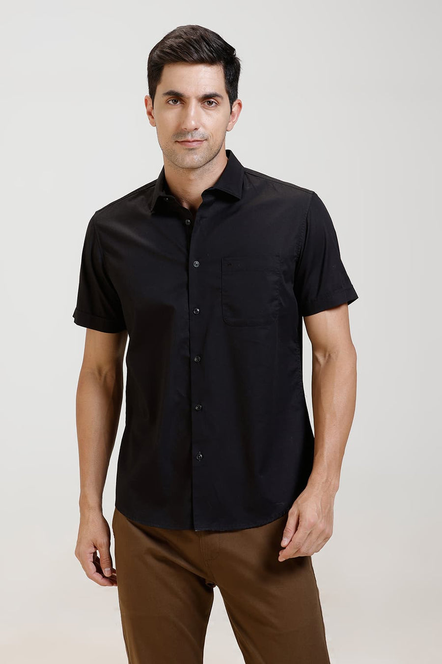 BASICS SLIM FIT BLACK RAVEN COTTON TWILL HALFSLEEVES SHIRT