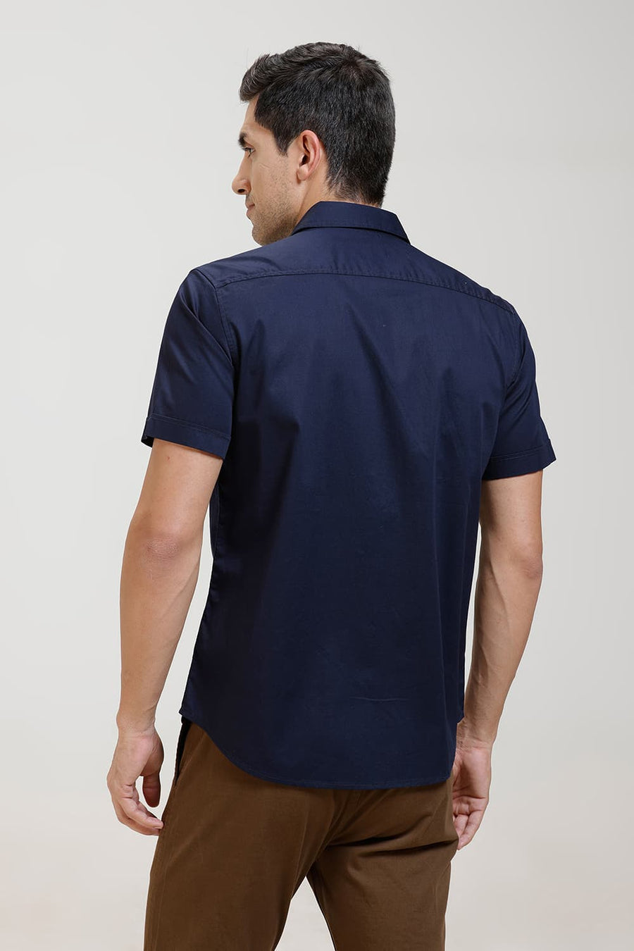 BASICS SLIM FIT SPACE NAVY COTTON TWILL HALFSLEEVES SHIRT