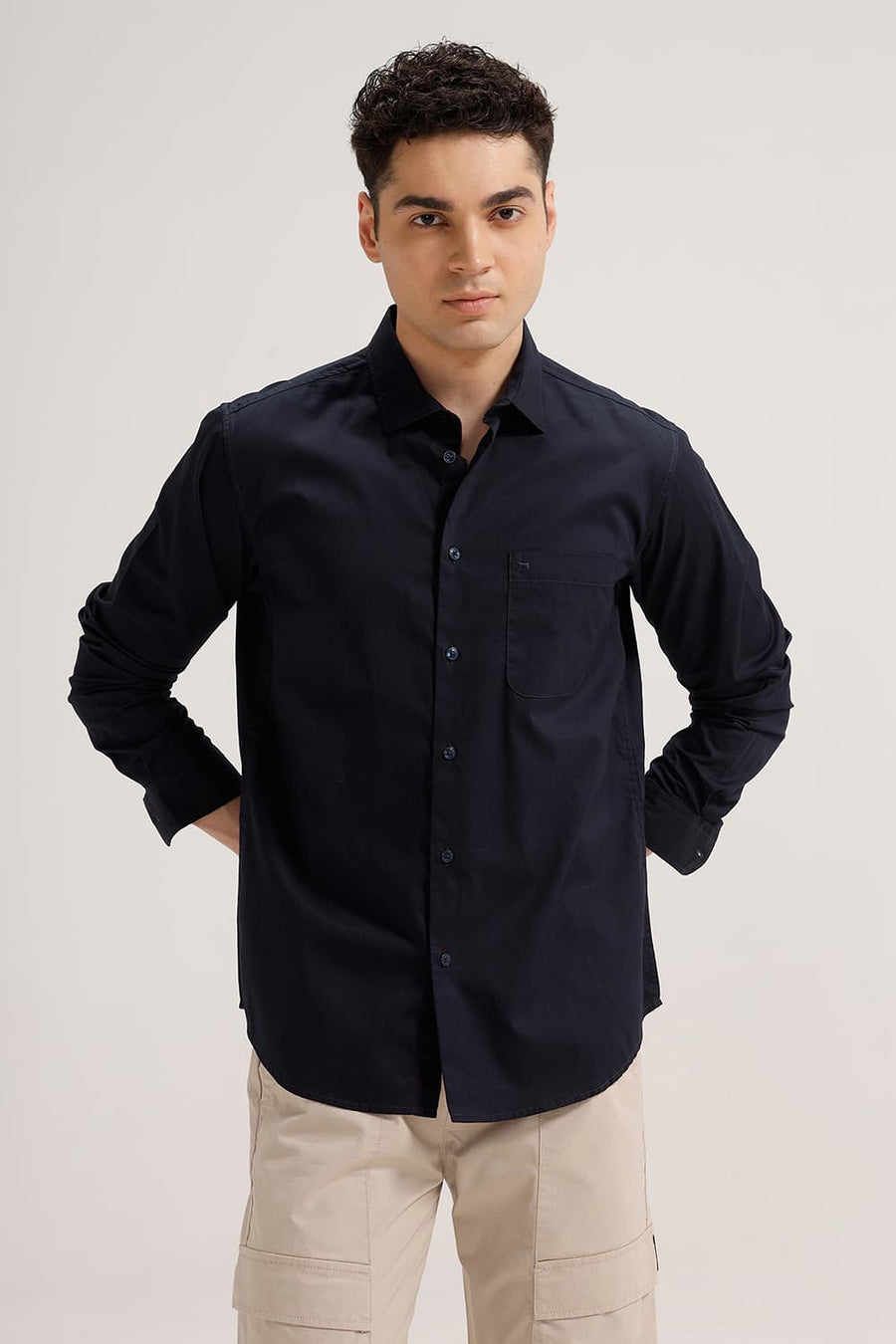 BASICS SLIM FIT SPACE NAVY COTTON TWILL SHIRT