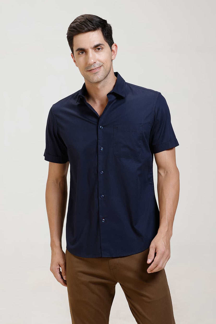 BASICS SLIM FIT SPACE NAVY COTTON TWILL HALFSLEEVES SHIRT