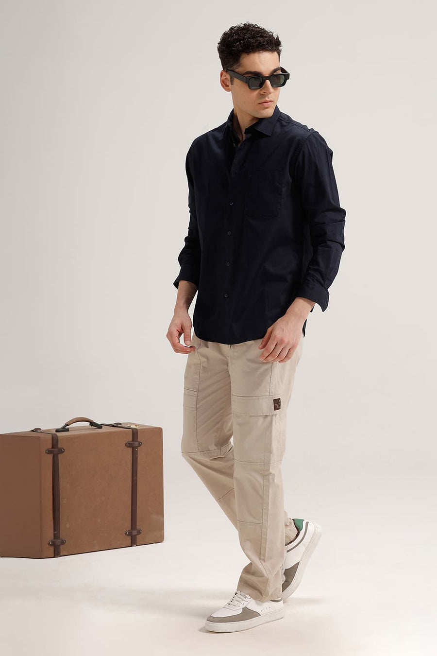 BASICS SLIM FIT SPACE NAVY COTTON TWILL SHIRT